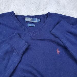 VTG Polo Ralph Lauren Pima Cotton Sweater Men M Blue Long Sleeve V-Neck Pullover